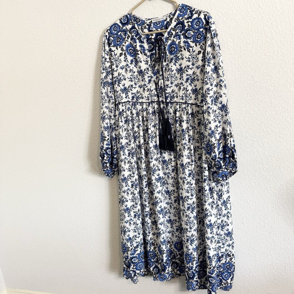 R VIVIMOS‎ Plus 2X Midi Dress Floral Boho Tasseled Bohemian Peasant Blue